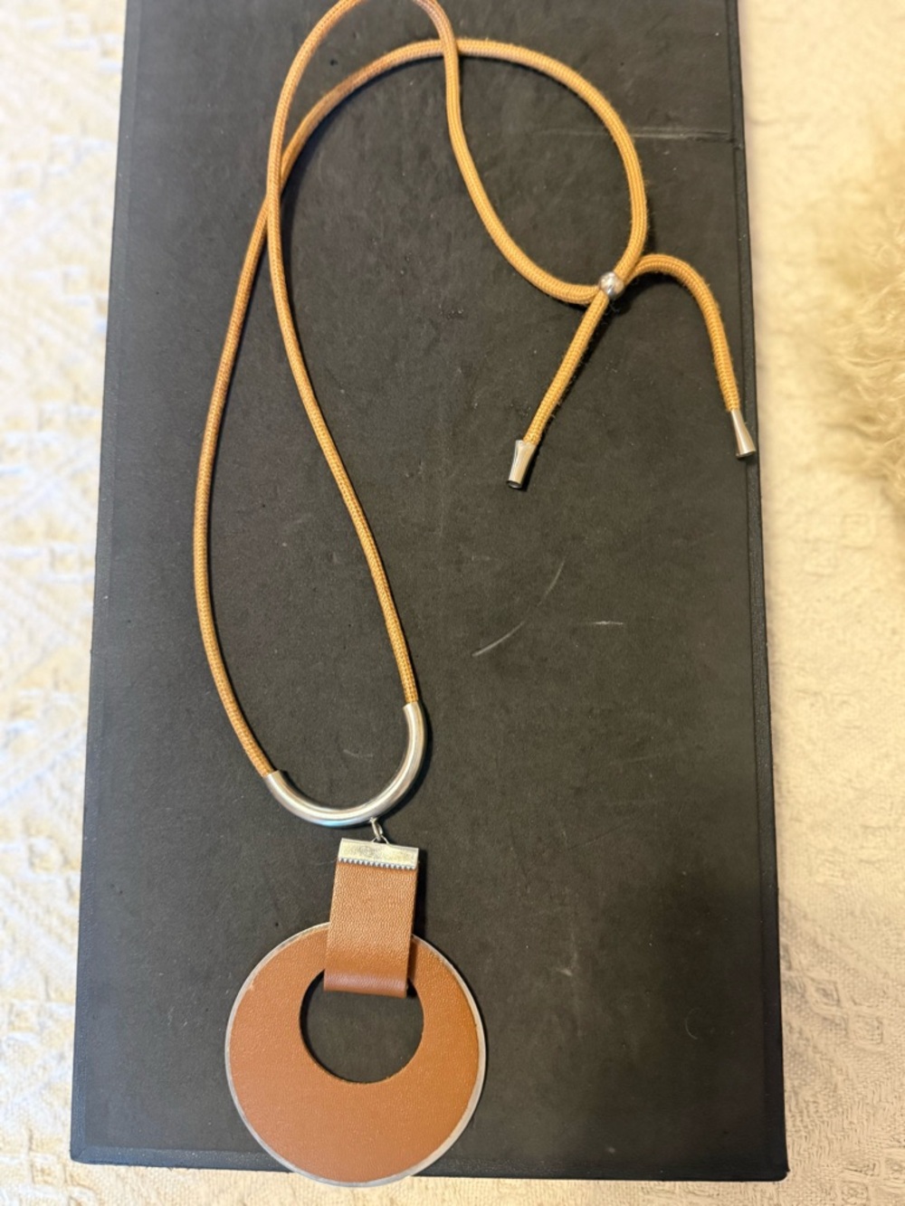 Modern Circular Brown Leather Pendant Necklace